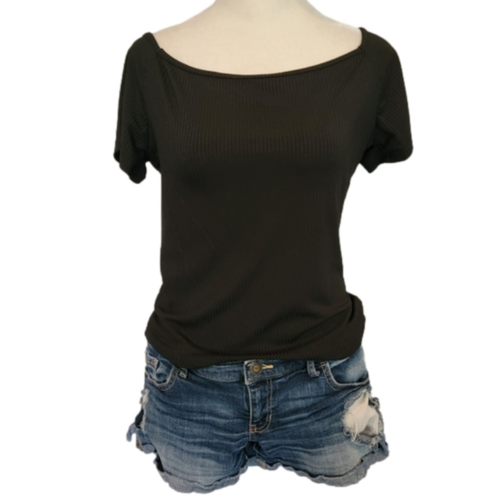 Black Cropped Ribbed Open Back Short Sleeve Tee Size L